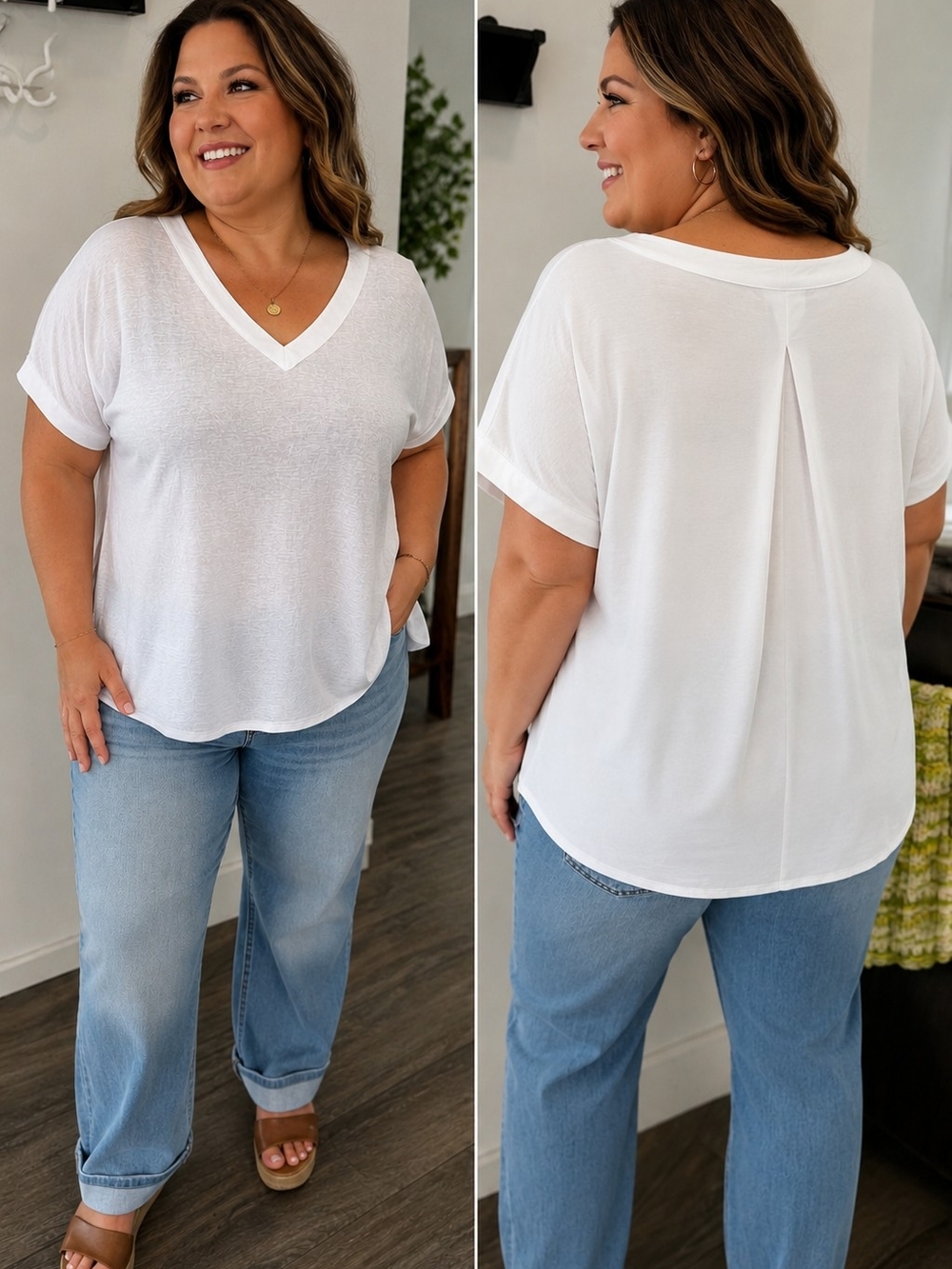 Ashley Stewart Linen V Neck Short Sleeve Top Plus Size